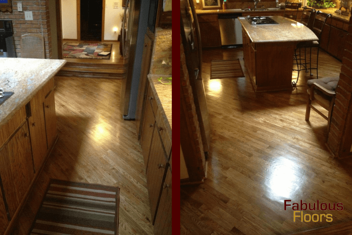 before and after of a hardwood resurfacing job in a pleasant hills kitchen