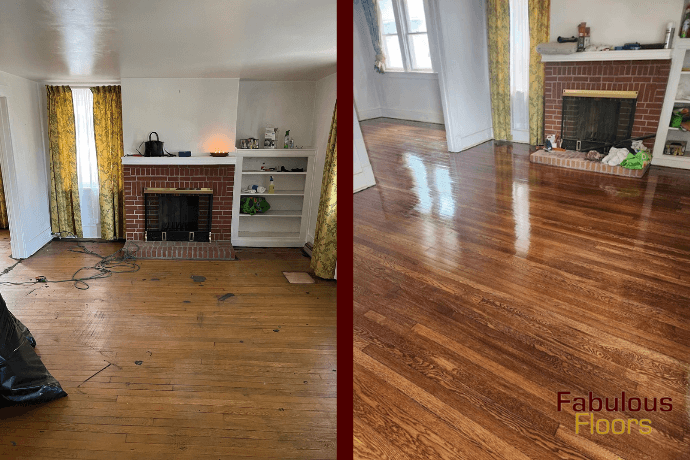 before and after floor refinishing in a living room in dormont, pa